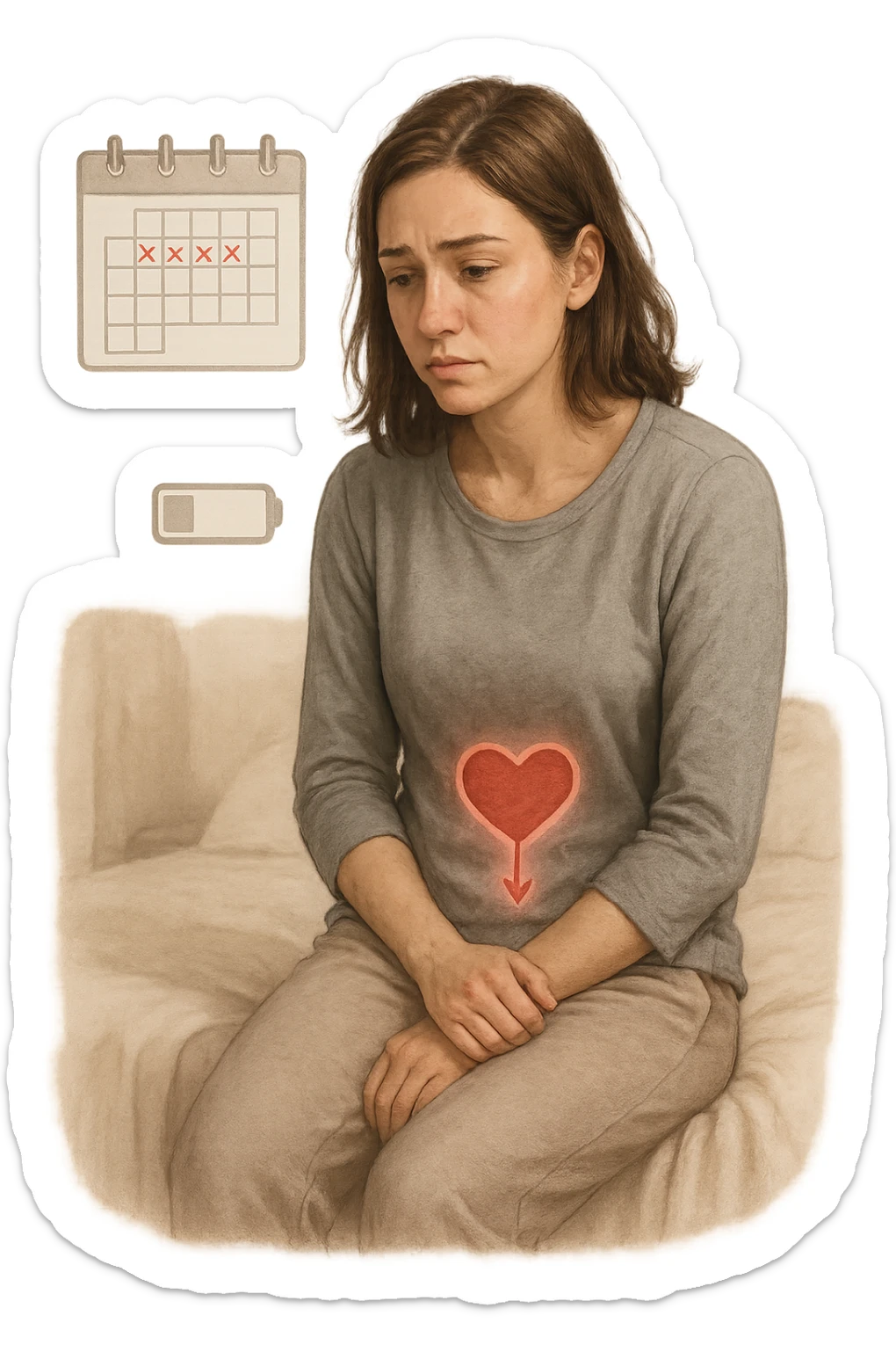 3D realistic medical illustration: a young woman in her 20s or 30s sits on the edge of a bed in a softly lit bedroom, looking thoughtful and slightly concerned. She wears comfortable loungewear, her posture is slouched, and her expression is subdued. Subtle visual cues—such as a faded calendar with missed menstrual cycles and a dimmed heart or energy icon near her abdomen—symbolize low libido and amenorrhea. The scene is realistic, intimate, and empathetic. sticker