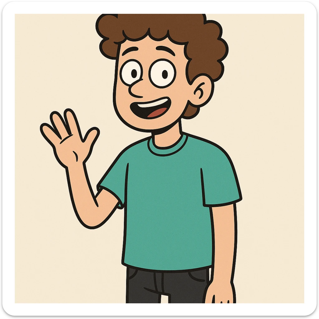 A boy brown curly hair green t-shirt Bright Blue Connector 2.0 (STSU207) black jeans sticker