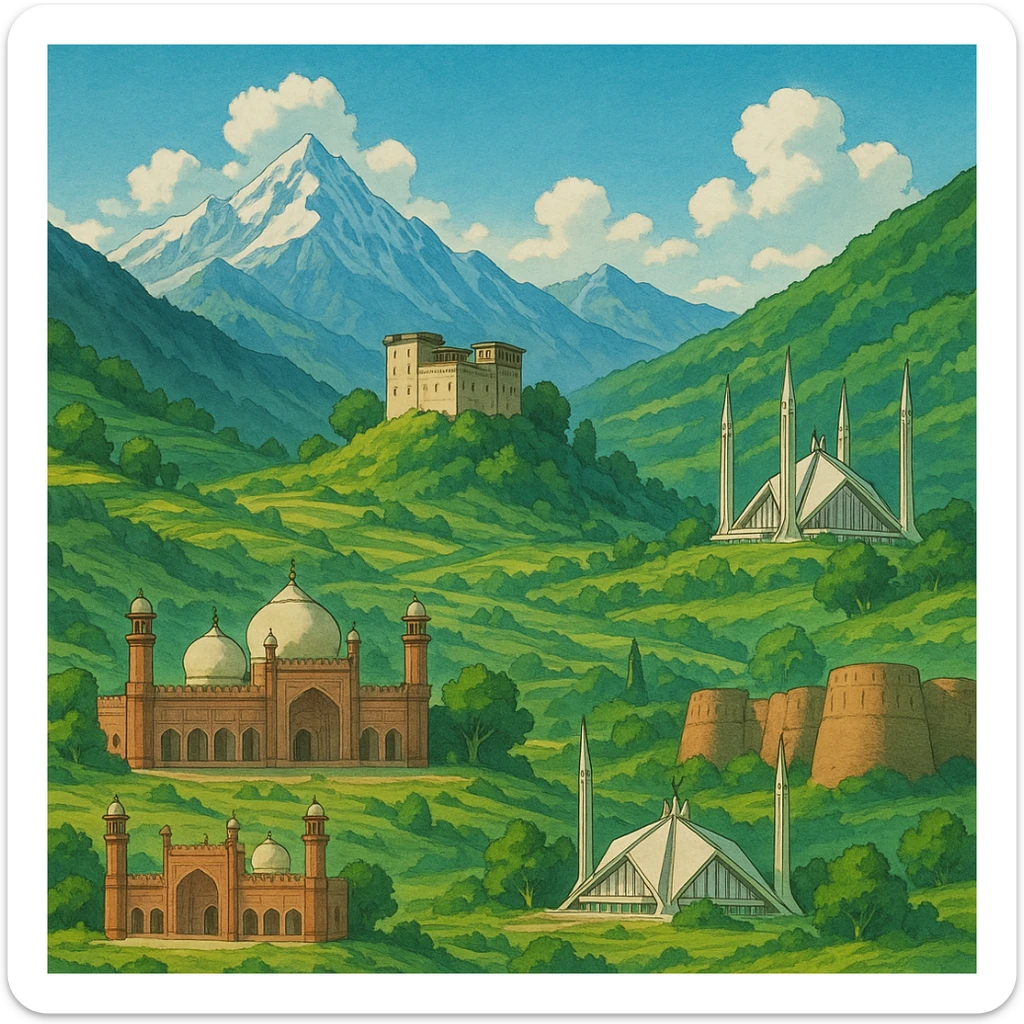 ghibli style landscape of Pakistan with mountains and famous sites sticker
