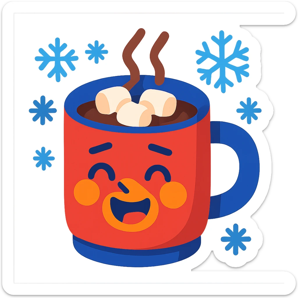 joyful mug of hot cocoa with a face, surrounded by snowflakes, looking cozy and cold sticker