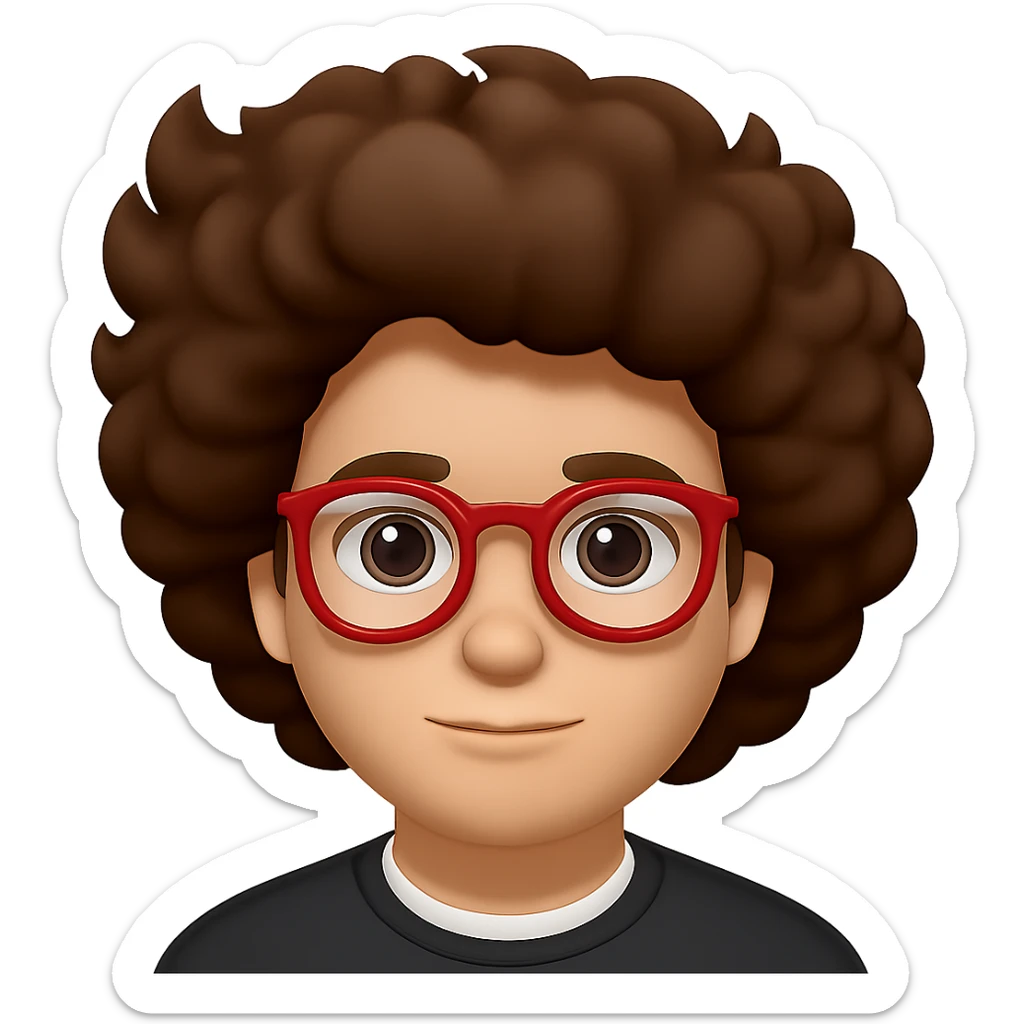Make the hair much bigger on the face of a man with a lot of brown hair and red glasses, keep the style the same. Remove the background to isolate the subject. sticker