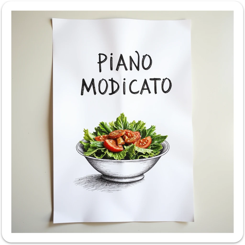 white sheet of paper with the text 'PIANO MODIFICATO' and a bowl of salad drawn, hyperrealism 4K, no background sticker