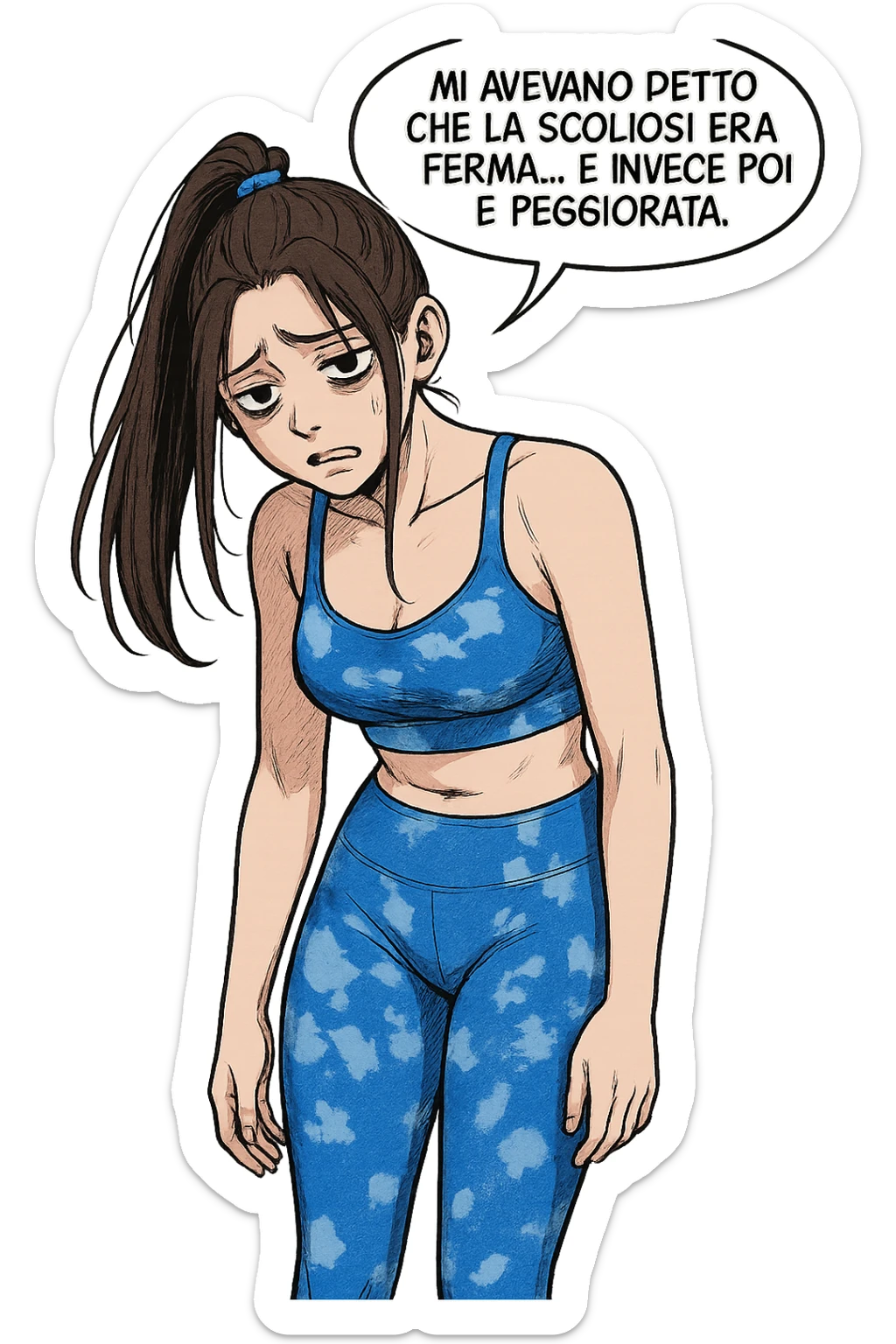 fai questa immagine in versione fumetto/manga/webtoon, il manga mostra la donna disperata con un fumetto sulla testa che dice:
Mi avevano detto che la scoliosi era ferma… e invece poi è peggiorata.
 sticker