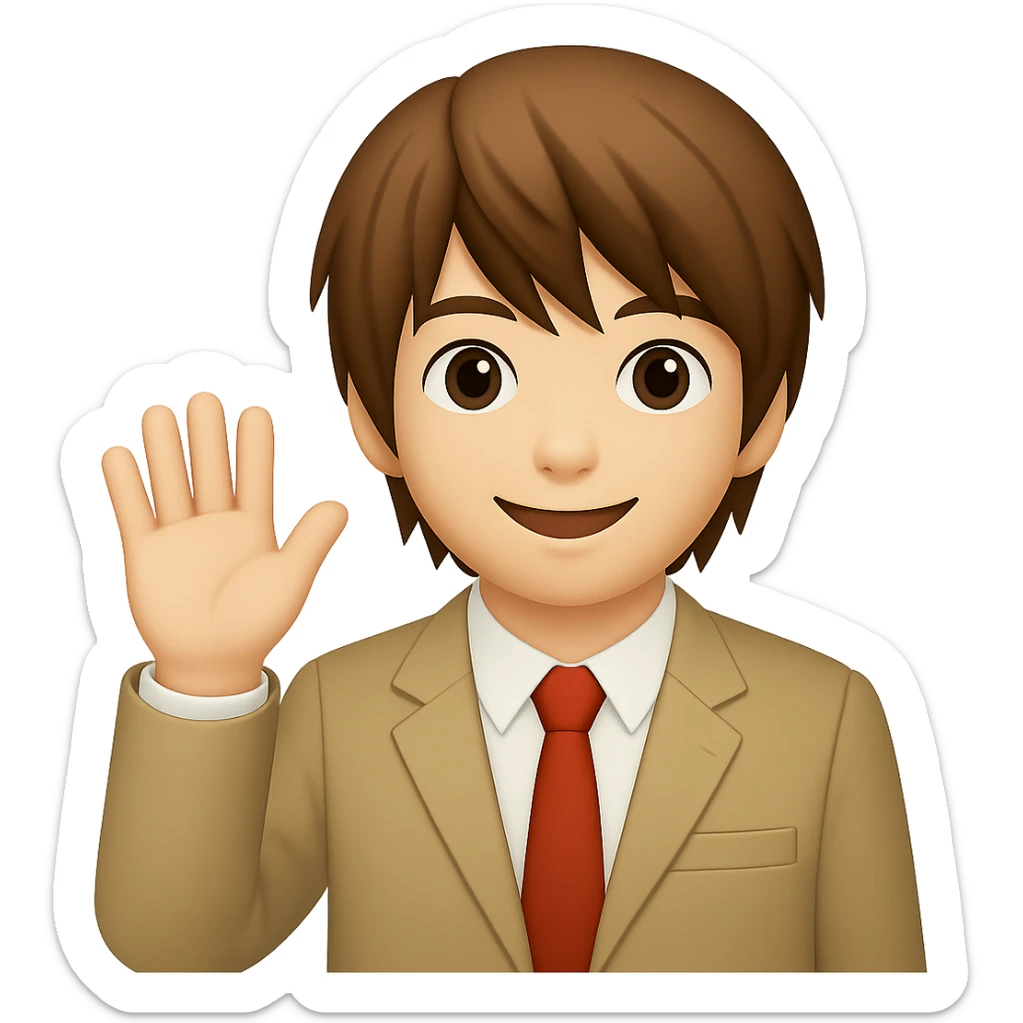 Create an image of Light Yagami from Death Note in the style of apple emojis. He has brown hair and is wearing a school uniform. He is waving with one hand and has a friendly expression. sticker