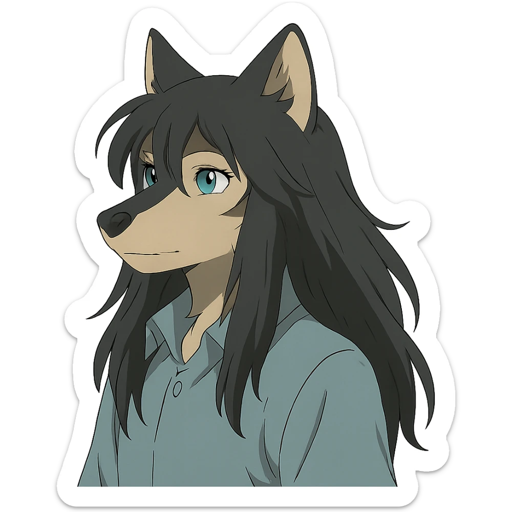 anime style wolf furry character with blue eyes, long black hair, wearing a light blue shirt sticker