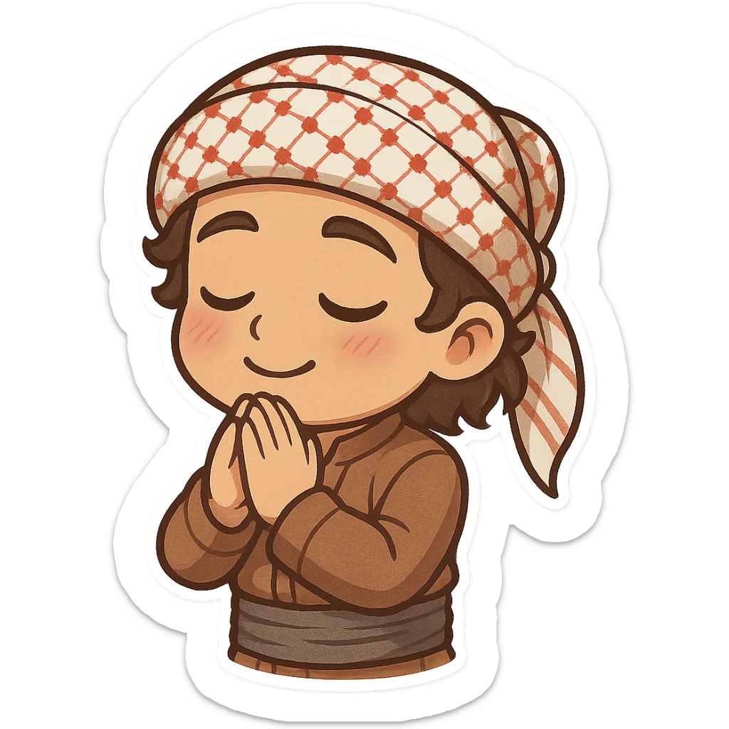 Kurdish sticker, wishful mood, cartoon style, Kurdish person in jamadani, eyes closed, making a wish, hands together, dreamy expression, no text sticker