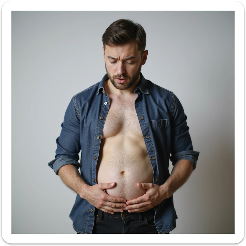 realistic close-up of the face of a 28-year-old man confused while looking at his bloated stomach, neutral background sticker