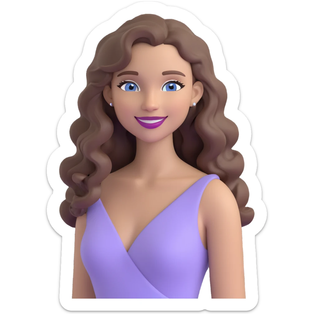 emoji of a pretty woman with a sweet smile, long slightly curly ash brown hair, blue eyes, nude lipstick, in a snug lilac dress, radiating chic and elegant vibes sticker