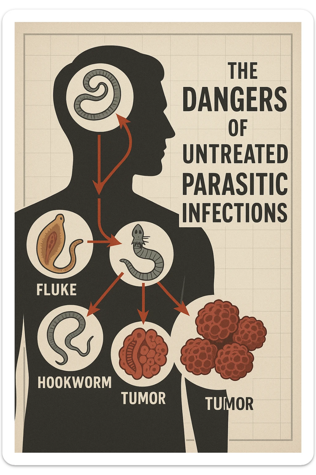 a man’s silhouette is filled with stylized images of parasites and tumor cells, connected by red lines or arrows to show cause and effect. The background features a medical chart or infographic about the dangers of untreated parasitic infections. The overall tone is serious and educational. sticker