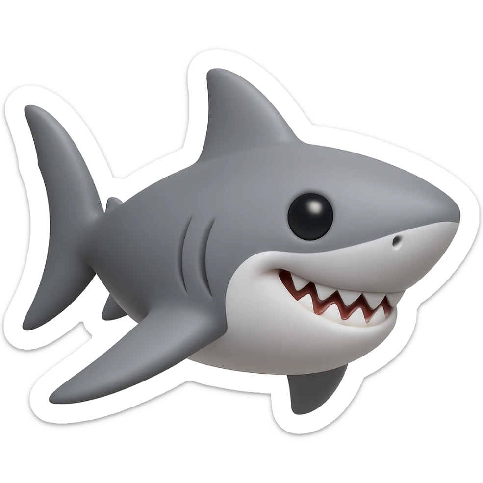 Edit the shark emoji to have a smooth, cartoonish, 3D emoji look in gray color, no legs, no sneakers, no background, just the shark smiling, inspired by the provided reference image. sticker
