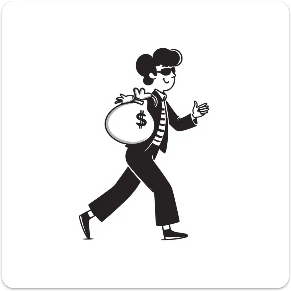 A thief with a bag of money on his back, wearing a striped suit and a black eye mask sticker