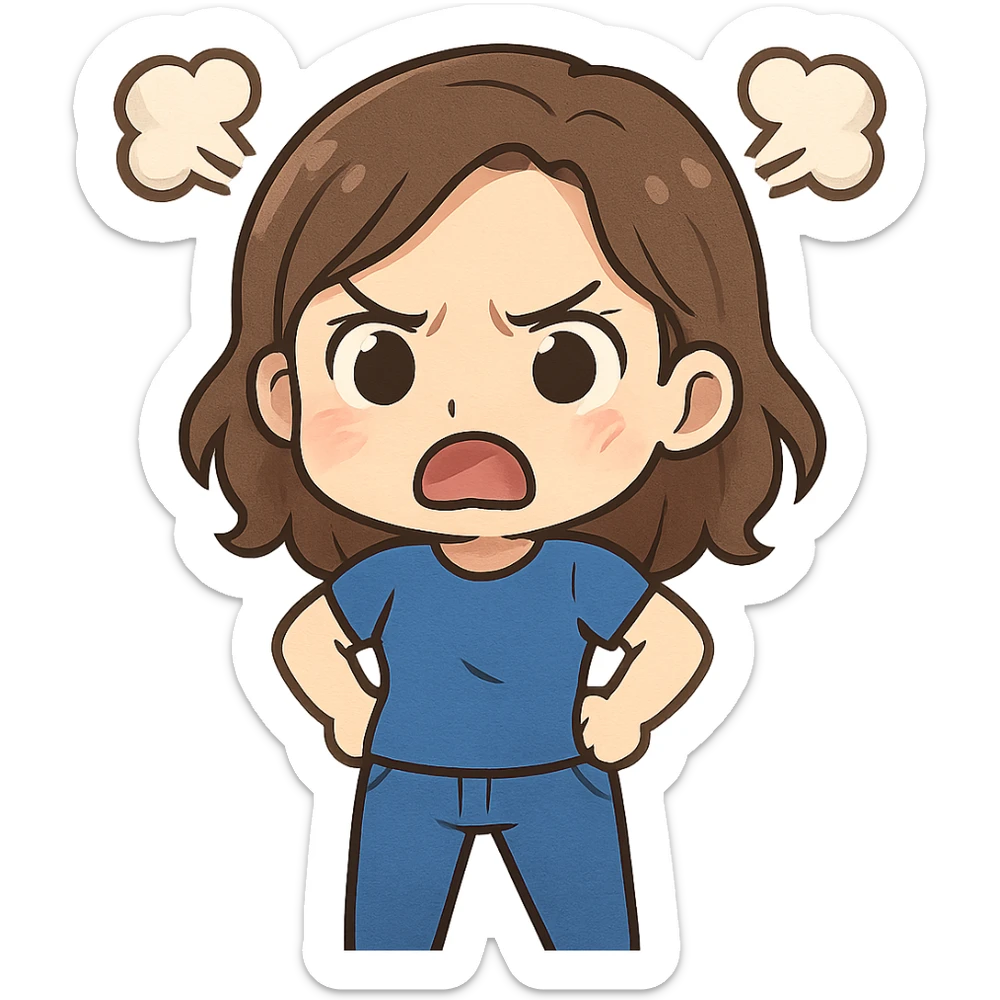 chibi emote of a woman in a blue t-shirt and jeans, angry with steam puffs, no headband, no sparkles, no wand, transparent background sticker