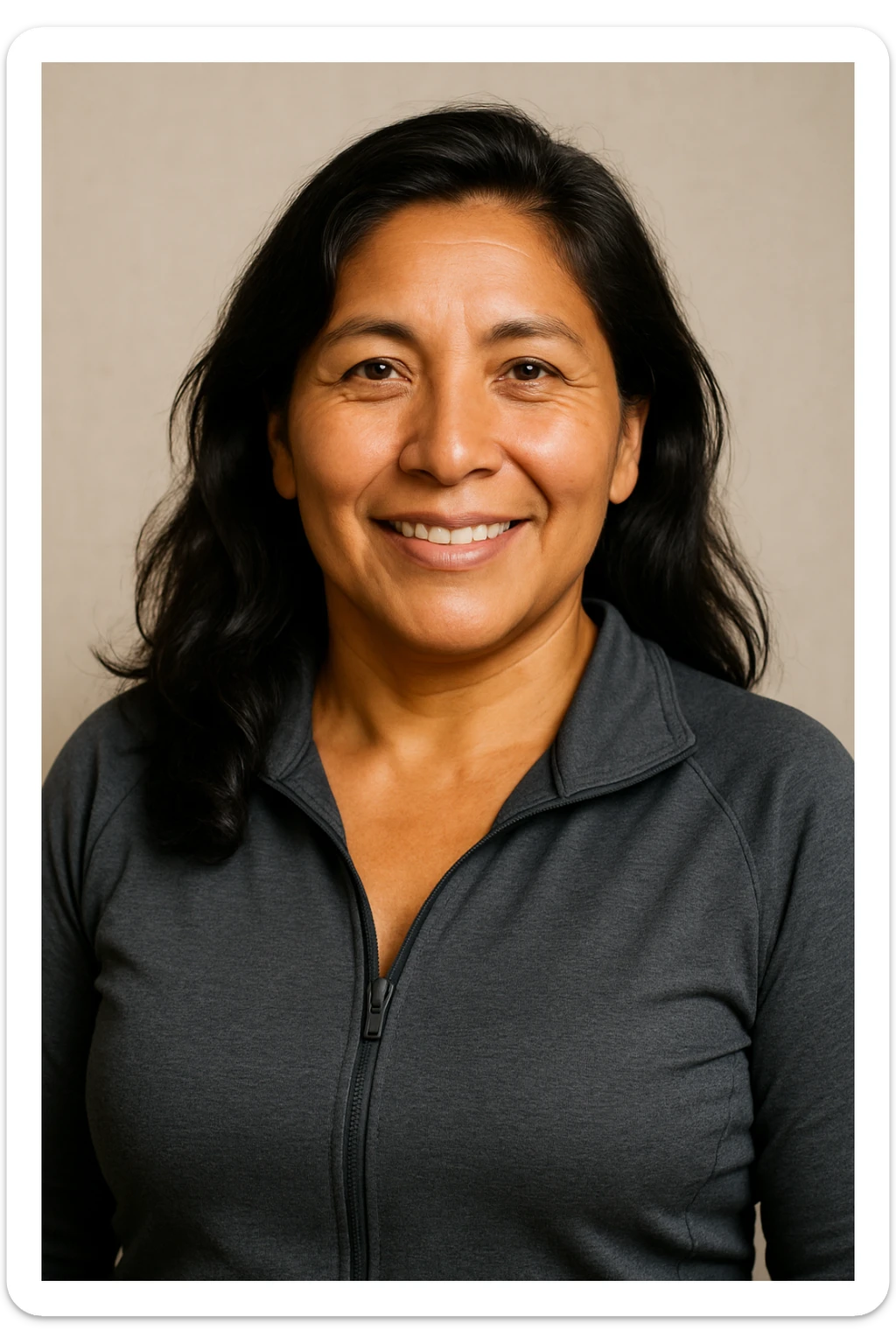 Portrait of a middle-aged Peruvian woman, wheat-colored skin, dark loose hair, vital and trustworthy expression, lead-colored sportswear, healthy and semi-sporty image, representative of supplements for adults. sticker