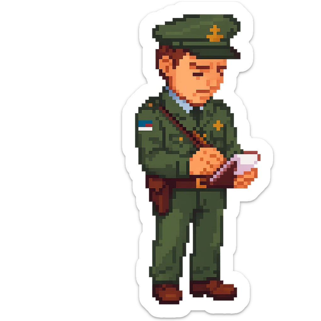 Make the game warden a white male with brown hair, writing a ticket for a wildlife law infraction, no background, keep the pixel art style look. sticker