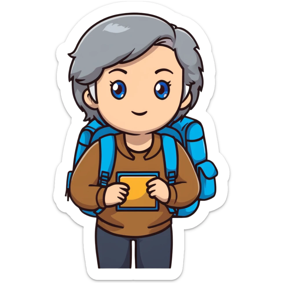 white woman park ranger with blue eyes, brown and gray hair, wearing a backpack sticker