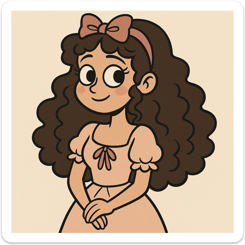 a girl with curly long dark brown hair, brown eyes, coquette style, cartoon style sticker