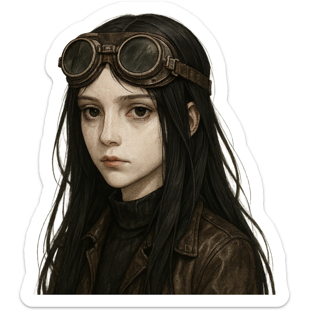 pale girl with long black hair wearing driving goggles, detailed character portrait sticker