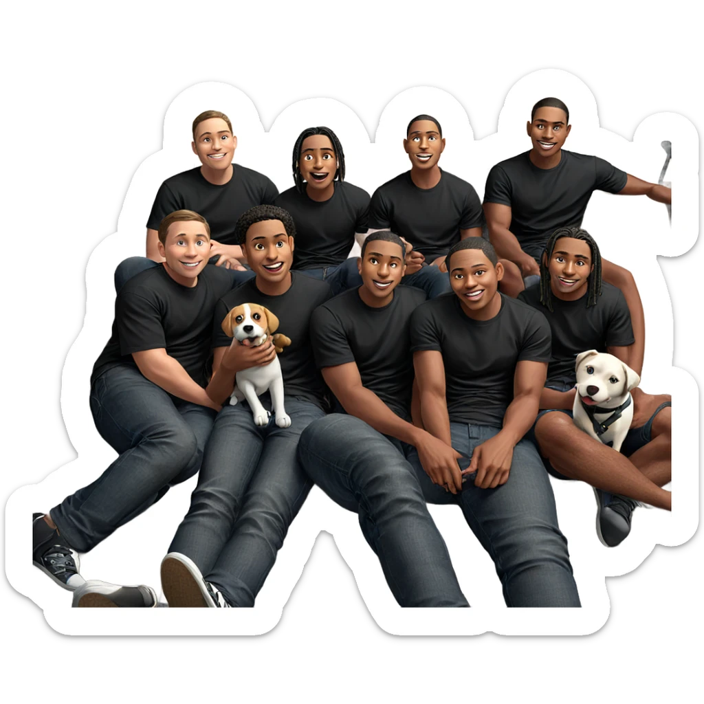 boys in black shirts with dog sticker