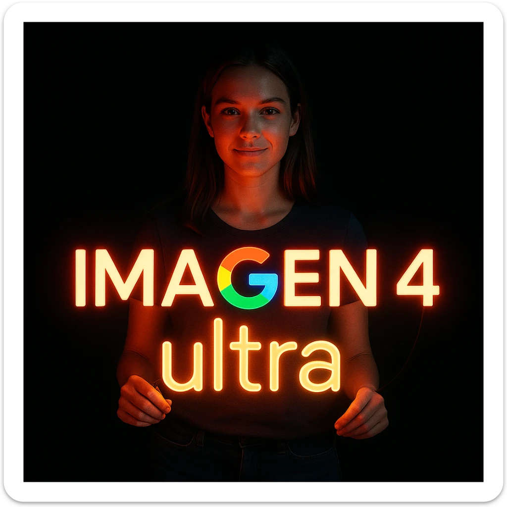 make a girl holding this sign, but sign in made of neon, also add ultra below the sign sticker