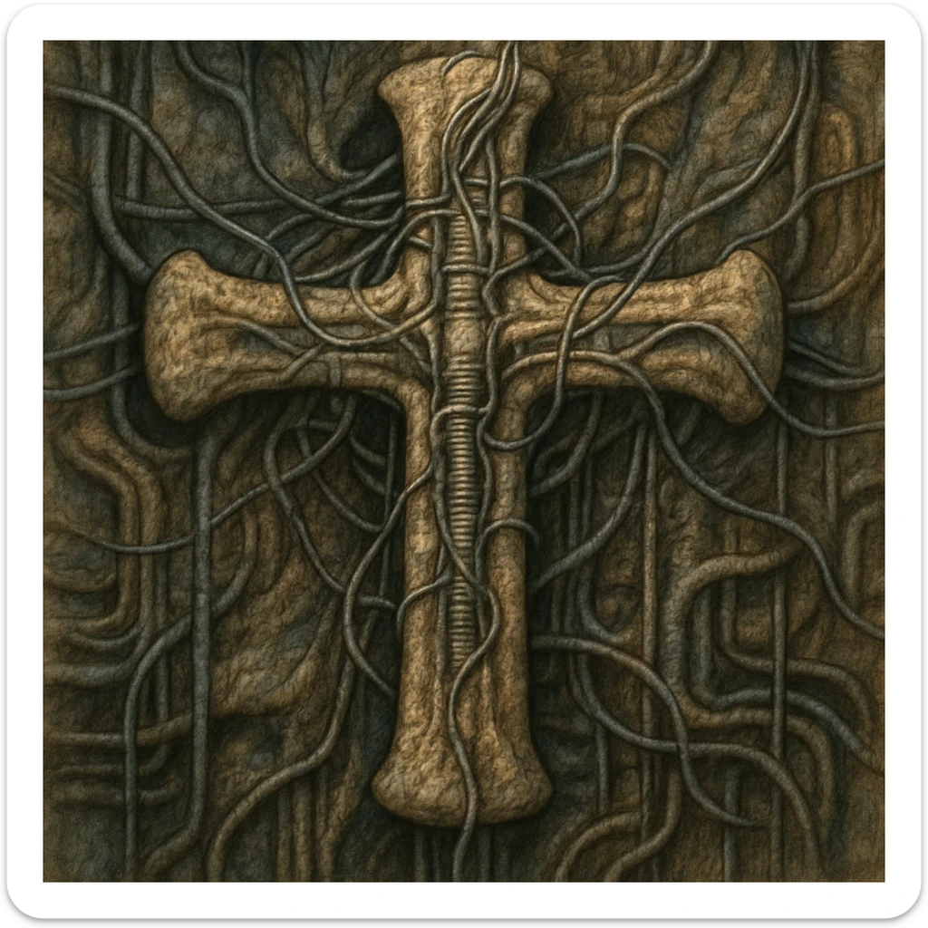 a biomechanical cross, merging wires and organic textures, in the style of H.R. Giger sticker