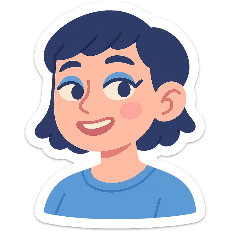 profile picture of a 22-year-old girl with short hair, cool tone makeup, blue shirt, pastel toon style sticker