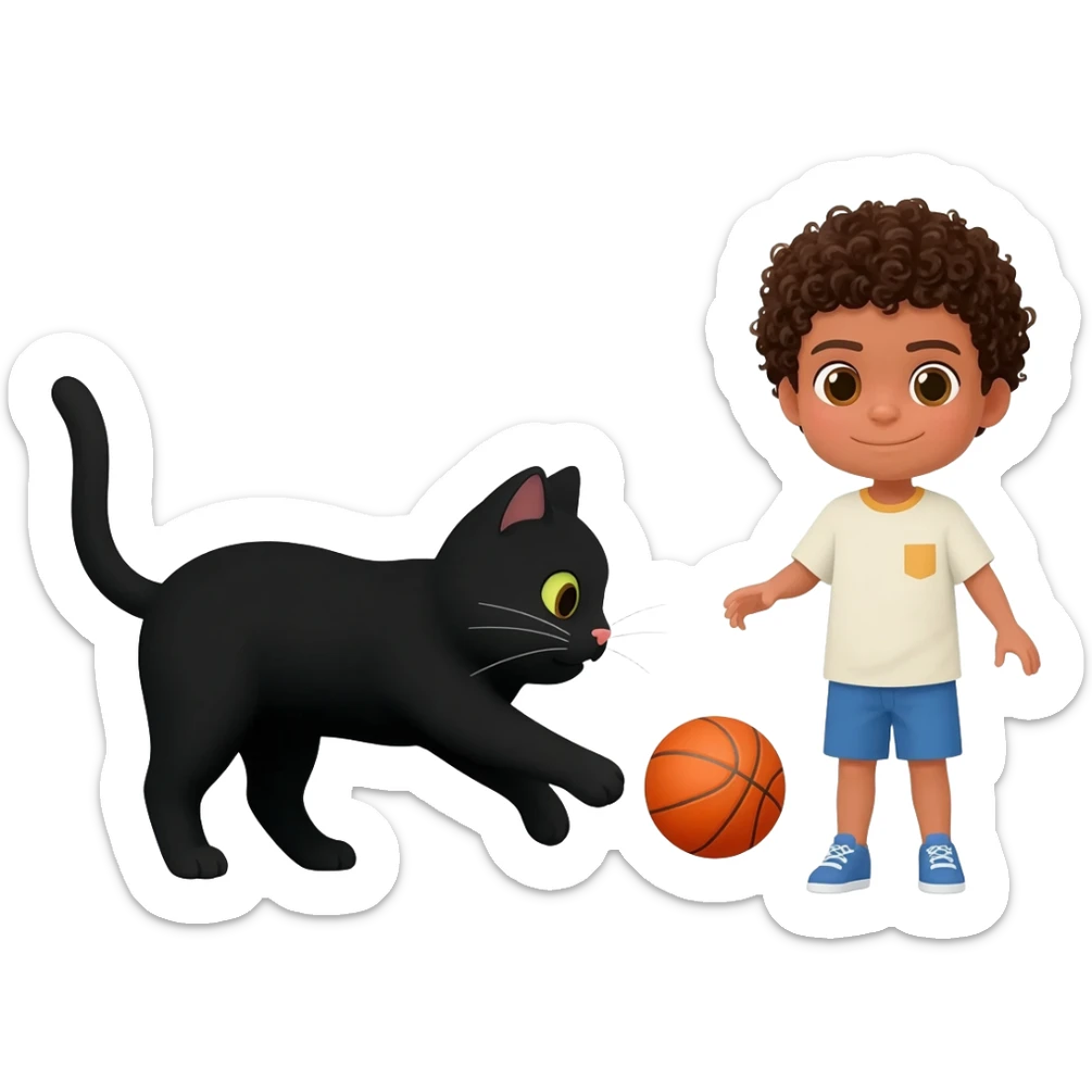 Black cat playing with orange basketball and a little white boy with curly hair sticker