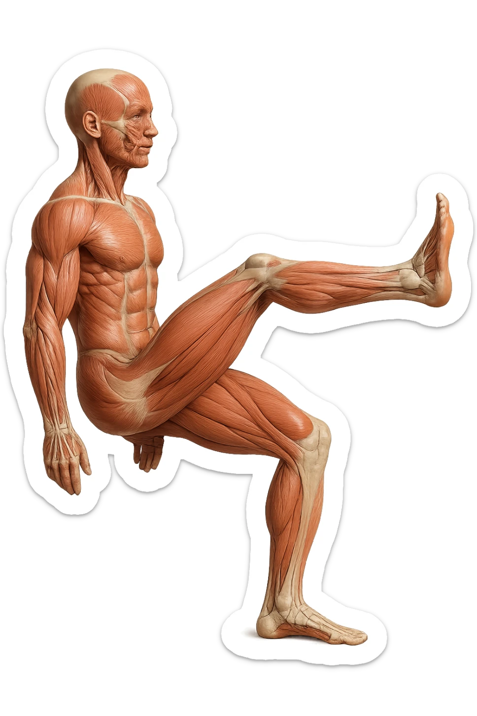 CORPO UMANO ANATOMICO REALISTICO CHE FA UN ESERCIZIO DI MOBILITà ARTICOLARE ALLE GAMBE, IPERREALISTICO 4K sticker