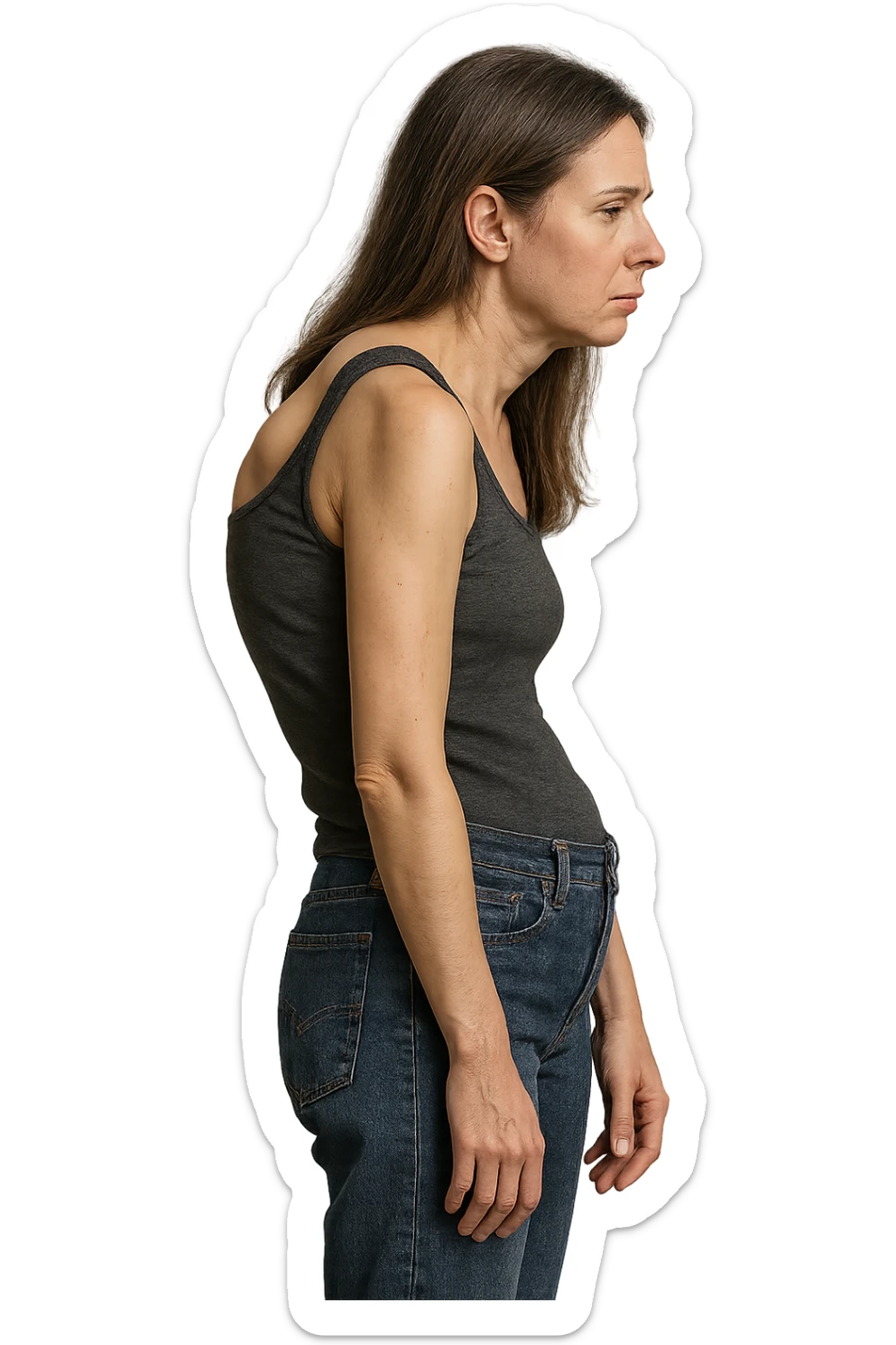 fai immagine identica ma di una donna con capelli lunghi, iperrealistico 4k, postura storta con spina dorsale storta sticker