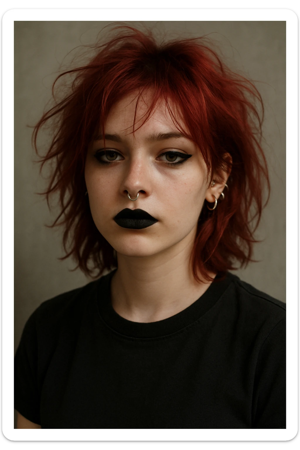 A fair-skinned girl with messy cherry red hair, wearing a black t-shirt, black eyeliner, black lipstick, a septum piercing, and multiple ear piercings. sticker