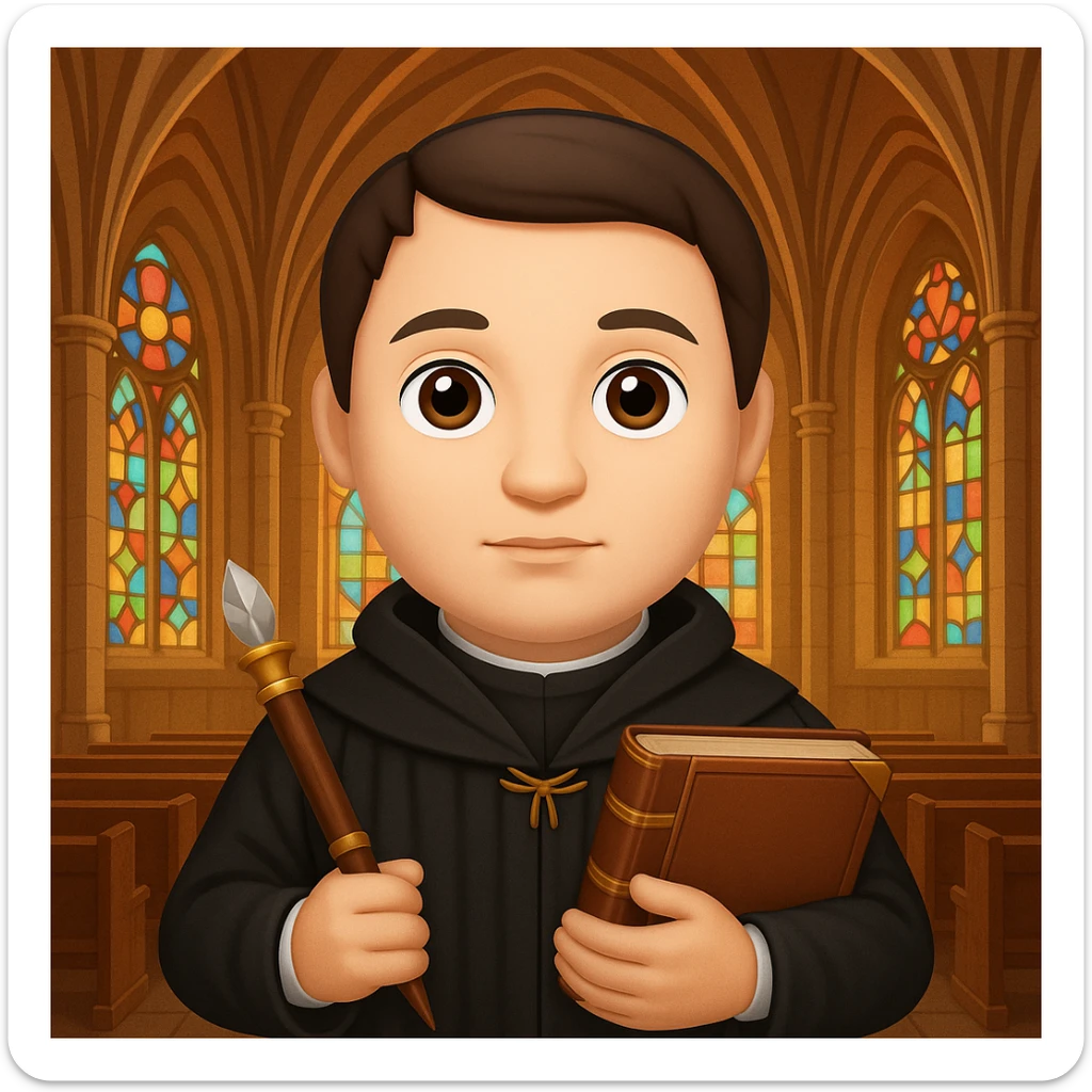 Add a church background behind Martin Luther with a quill and Bible, in the style of apple emojis, preserving the apple emoji style look and feel. sticker