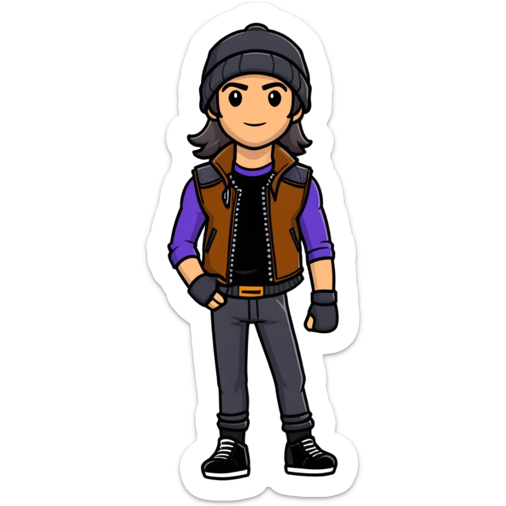 Jay from Descendants, long hair in a beanie, leather vest, athletic build sticker