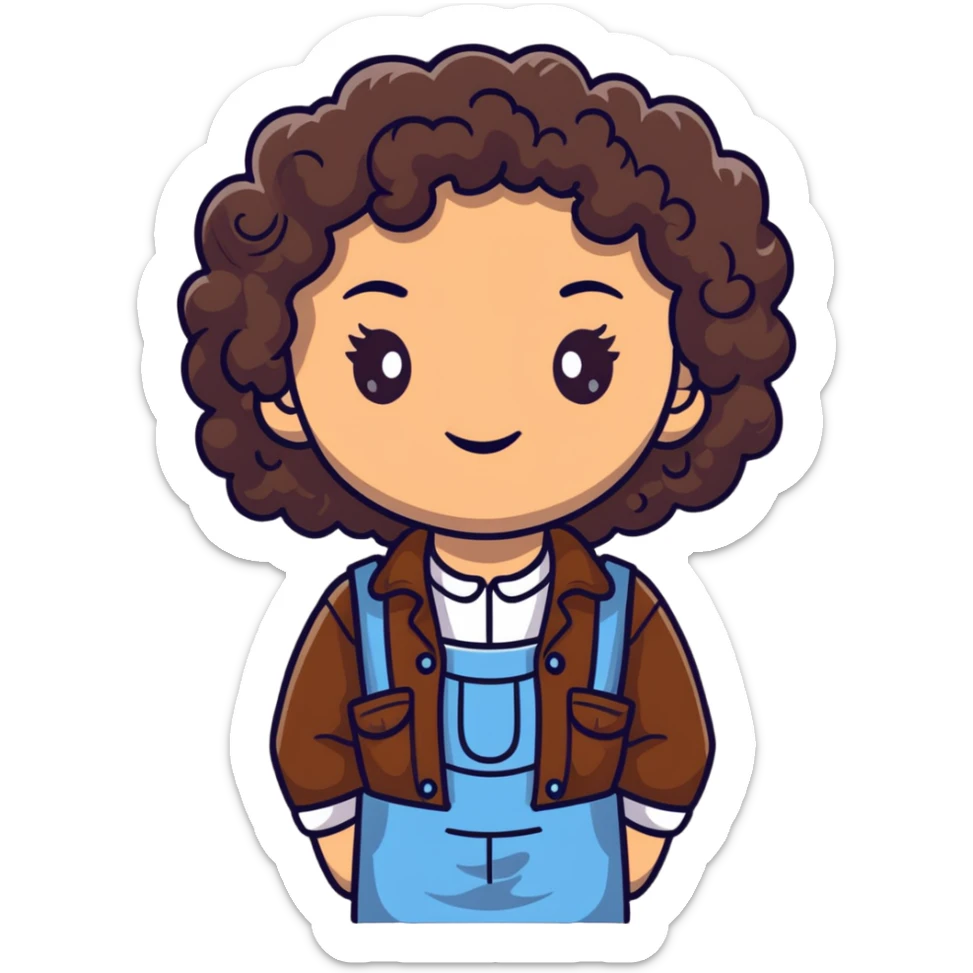 white girl with very curly dark brown hair, brown eyes, wearing farm clothes sticker