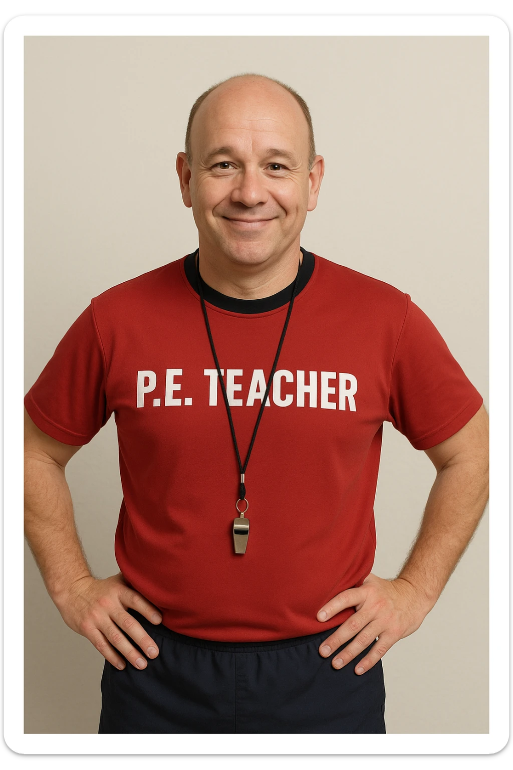 physical education teacher with little hair, friendly expression, wearing sportswear, simple background sticker