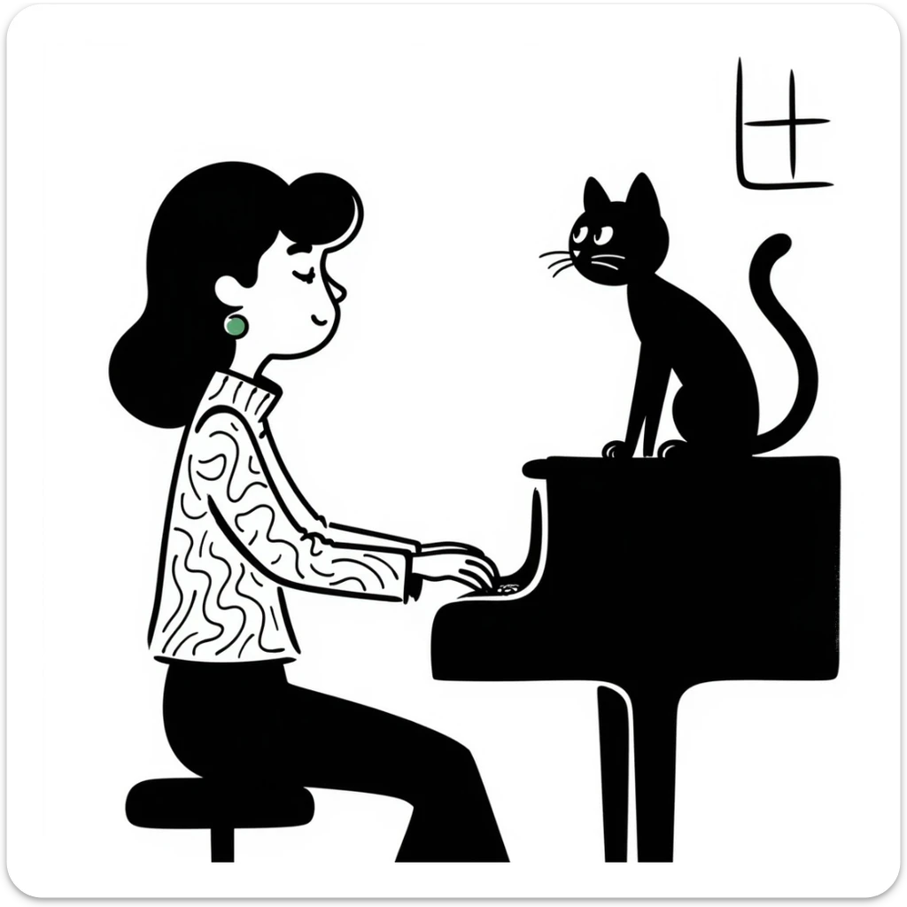 woman playing piano while her cat sits on top of the piano sticker