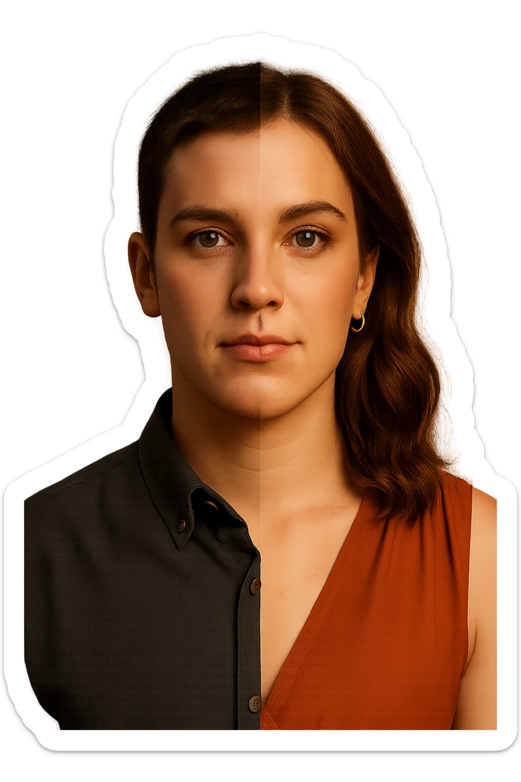 a split image—on the left, a man with short hair and masculine clothing; on the right, the same person with longer hair, makeup, and feminine attire. In the center, a gentle gradient blends the two sides, symbolizing the ongoing process of gender transition. The lighting is warm and the atmosphere is empowering. sticker