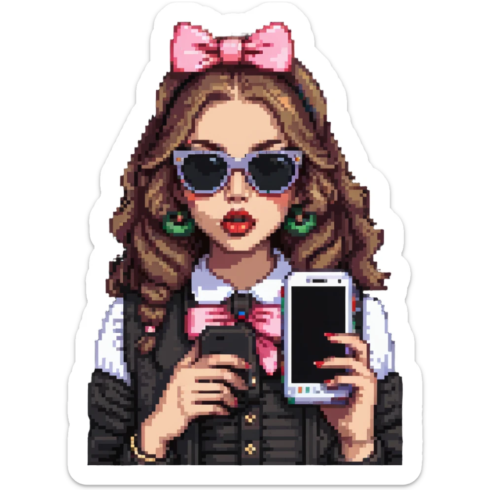 Girl with huge lips, sunglasses, bow on her hair, holding a phone with attitude sticker