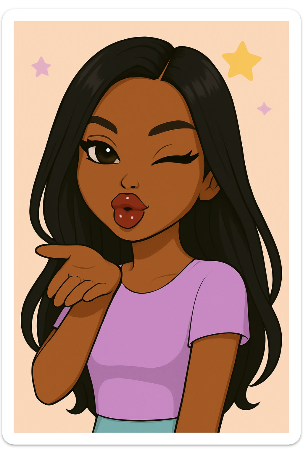 Headshot only of a 20-year-old anime Bratz style woman with dark skin and straight hair. She has a sassy attitude with a confident and playful expression. She wears a cute pastel Y2K look, has big expressive eyes, and glossy lips. No hat, no tears. sticker