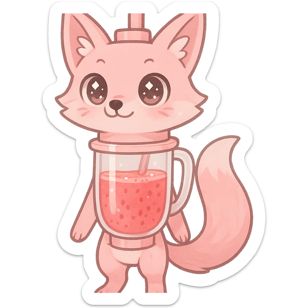 full-body pastel pink blender fox hybrid with transparent body showing a fruity smoothie inside, sparkling eyes, transparent background sticker