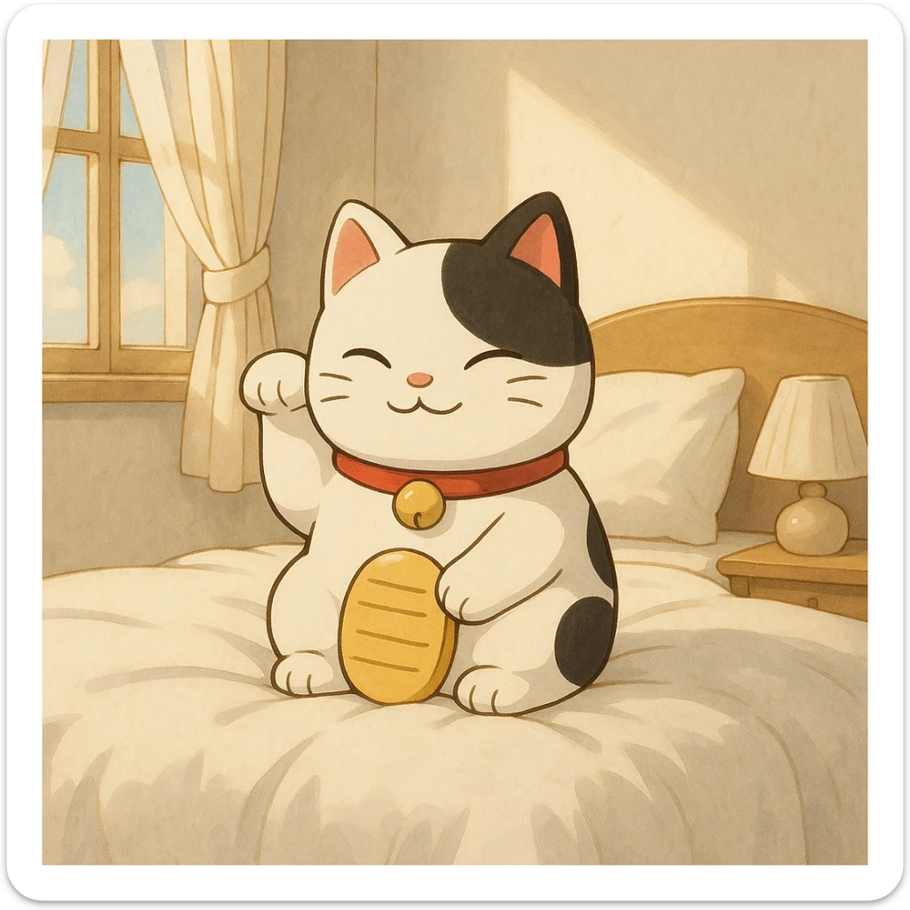 White and black Chinese lucky cat in a cozy white bedroom, kawaii  sticker