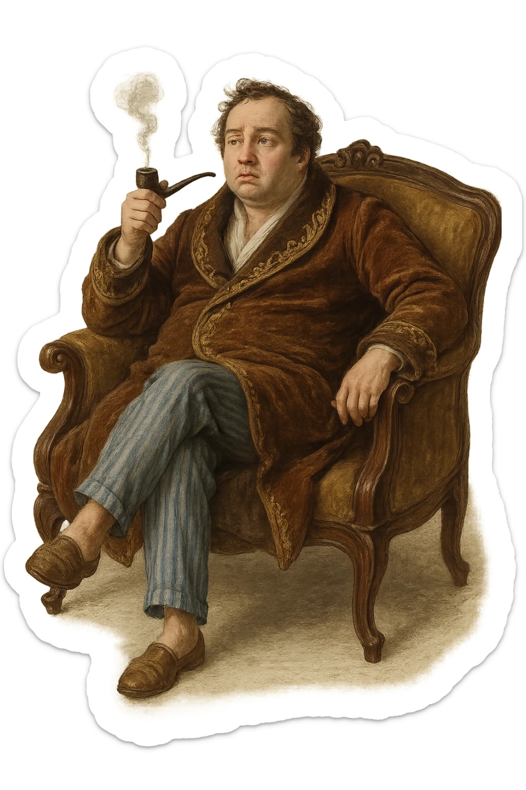 Герой Обломова в слегка рисованном, но при этом реалистичном и объемный стиле,  со слегка растерянным видом в дорогом халате развалился на дорогой кушетке 19 века, прозрачный фон sticker