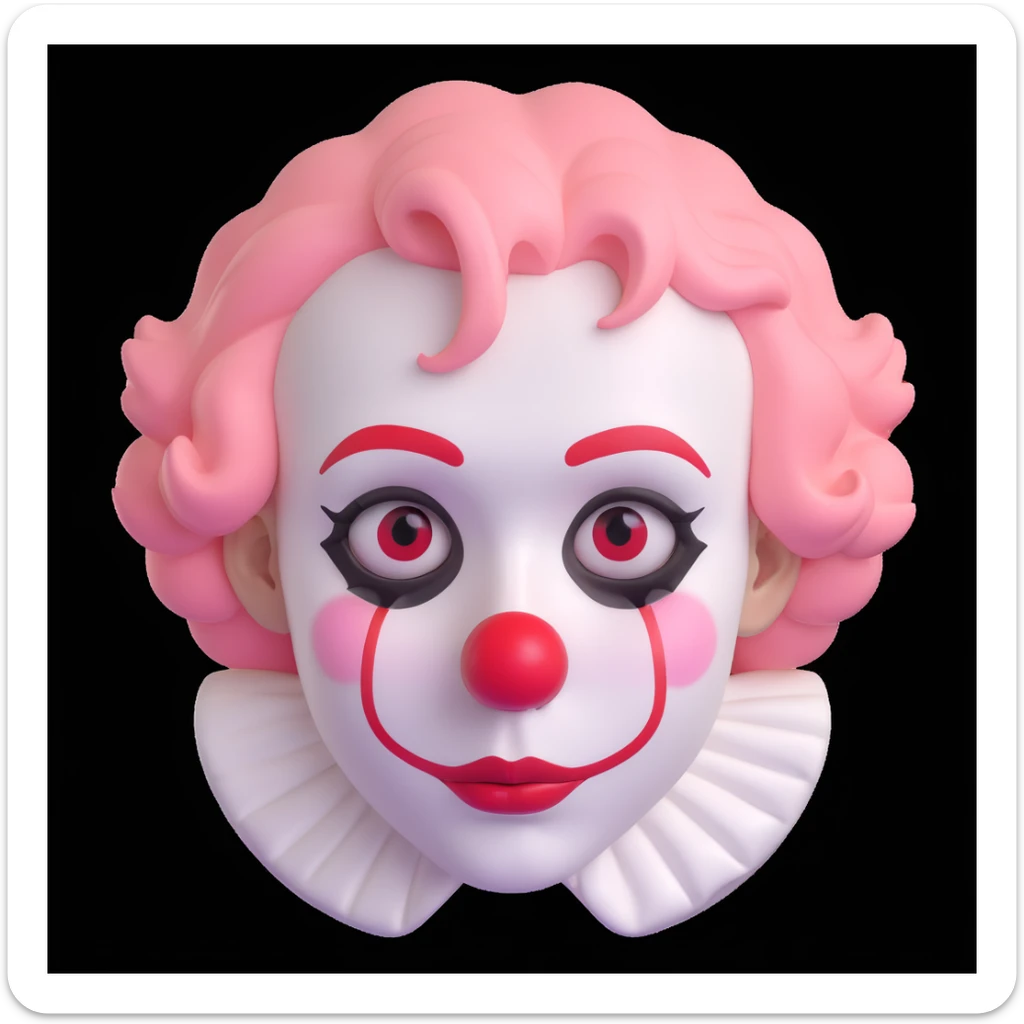 close-up cartoon portrait of a sorrowful clown, white face paint, red nose, minimalist makeup, single tear, short curly pastel pink hair, simple ruffled collar, soft lighting, polished emoji-like finish, white background sticker