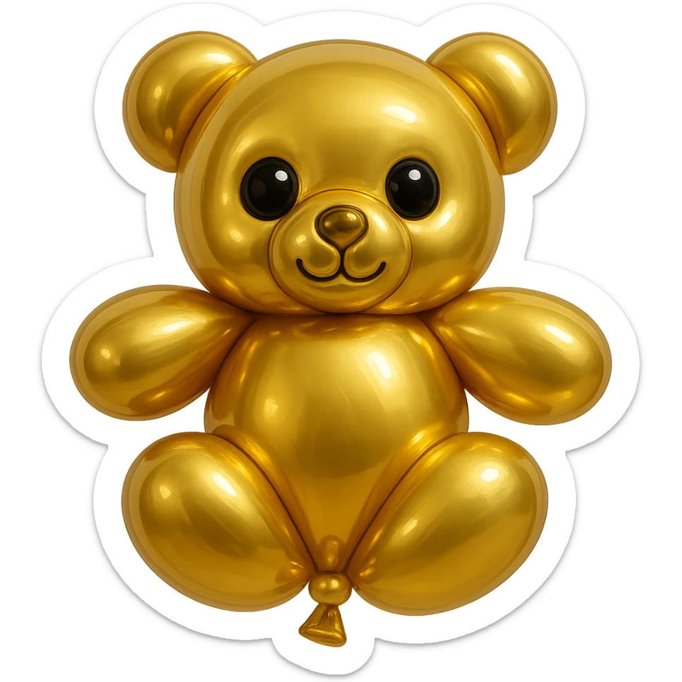 Make the gold balloon teddy bear cuter with a rounder face, bigger eyes, and a small smile. Keep it metallic and shiny with no background. sticker