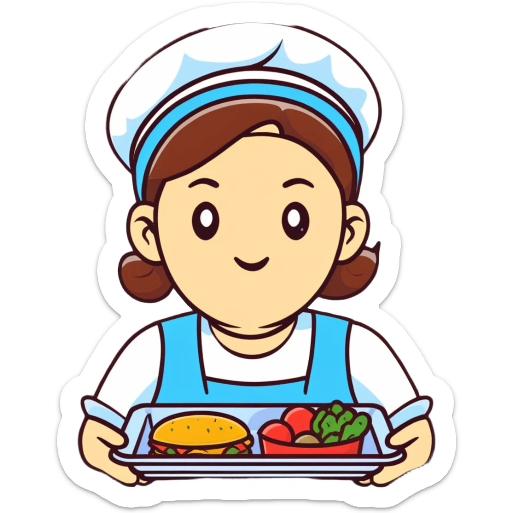 cartoon sticker of a lunch lady with a disgusted expression, holding a tray of gross food sticker