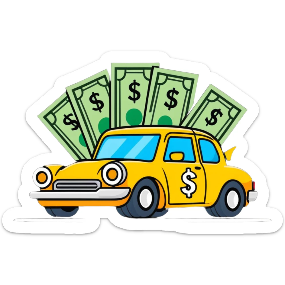 cartoon style car with dollar signs and happy customers, representing vehicle financing sticker