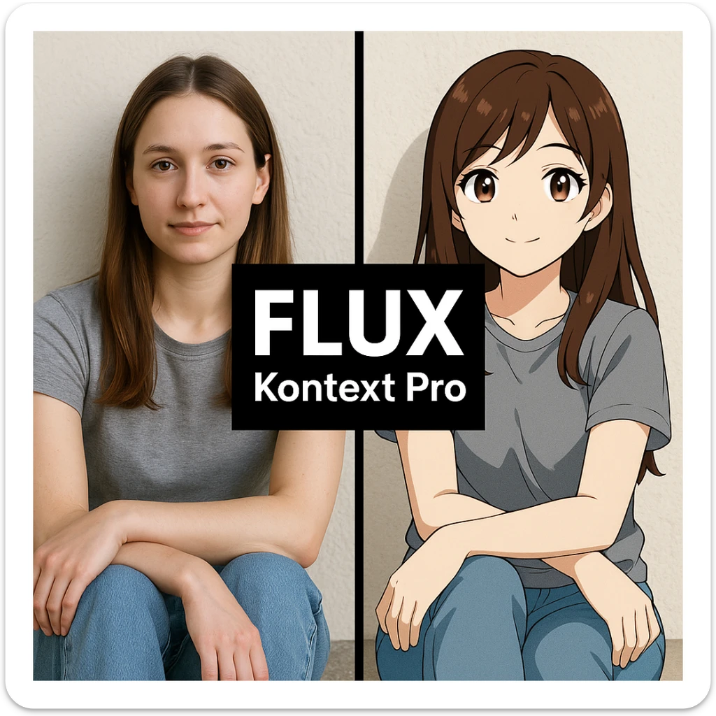 create before after image of a girl before is realsitic photo, after is anime version of her in same pose and clothes, add logo with text of a "FLUX Kontext Pro" in middle in big, black background sticker