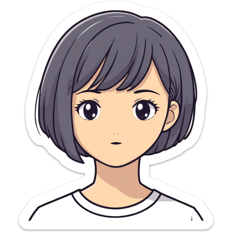 girl with short black hair, bob, with a white strand and gray eyes sticker