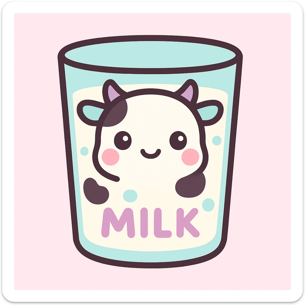 Create a glass of milk in kawaii style with bold outlines, featuring a cute cow face and cow spots on the glass. Include the word 'MILK' prominently on the glass, matching the style of the referenced mug. sticker