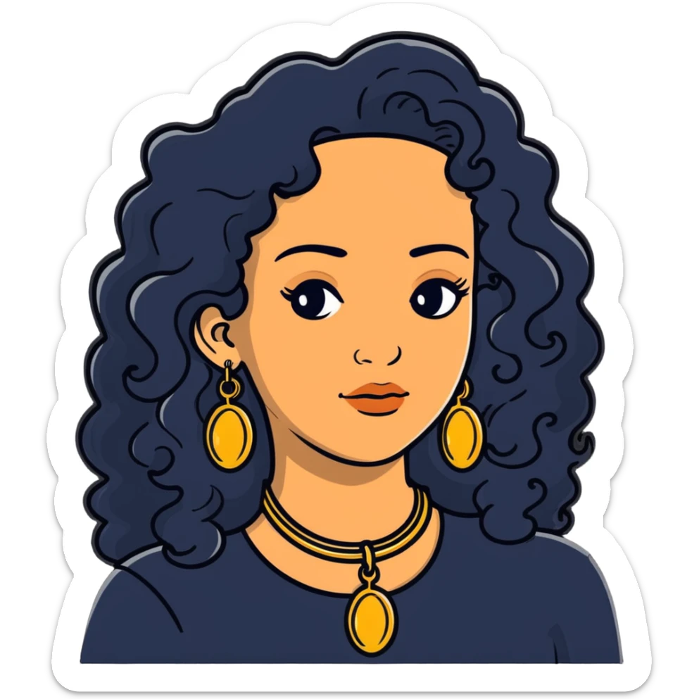 attractive Greek woman with long curly hair and light skin wearing gold hoop earrings and a gold necklace sticker