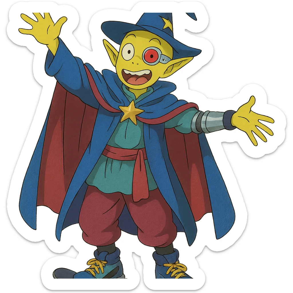 yellow guy showing off his fabulous outfit, outfit combines prince, alien, terminator, skater, skiier, and wizard elements, making a weird face, stylish and fabulous, ghibli style sticker