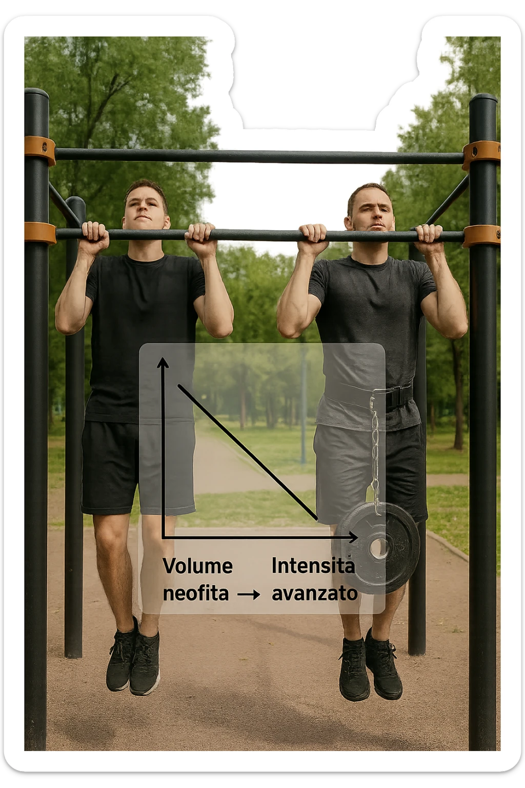 Due atleti fianco a fianco in un parco attrezzato: a sinistra il neofita che fa 10 trazioni leggere con concentrazione, a destra l’atleta avanzato con cintura zavorrata che fa 3 ripetizioni lente e pesanti. Tra loro, grafico sospeso in aria che mostra: 'Volume → neofita | Intensità → avanzato'. Stile realistico con elementi educativi visivi in italiano sticker